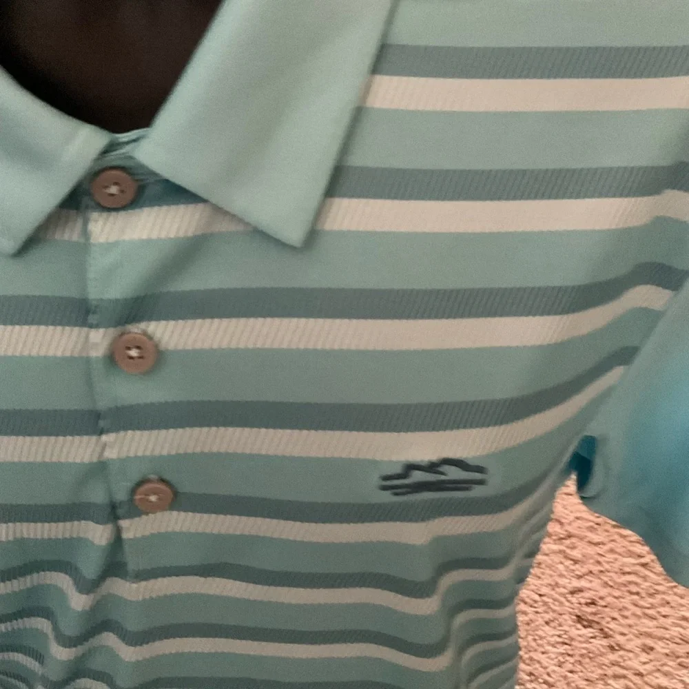 Men’s used Adidas Clima Cool size L Large polo shirt green blue striped